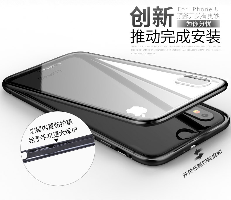 Luphie iGlass Airframe Aluminum Bumper Air Barrier Tempered Glass Back Case Cover for Apple iPhone X