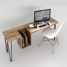 復古實木鐵藝辦公室電腦桌帶書架書桌原木色寫字台桌文員辦公桌子