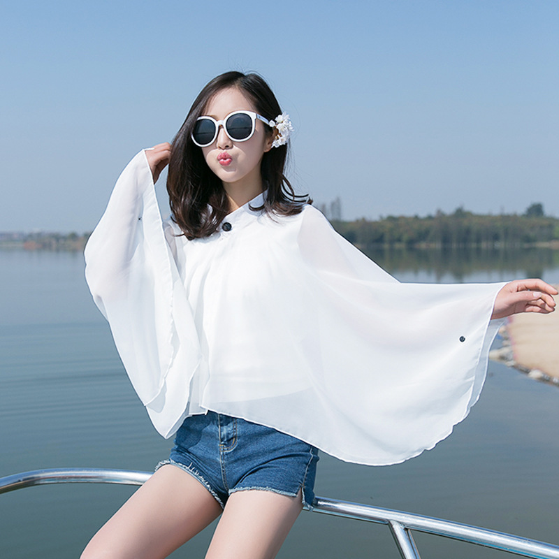 新款夏季女防晒衣单色纽扣披肩长袖雪纺丝巾百变沙滩巾一件代发|ms