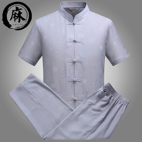 Chinese Tang style short sleeve suit for men antique Linen Shirt disc button cotton hemp Tang clothing 