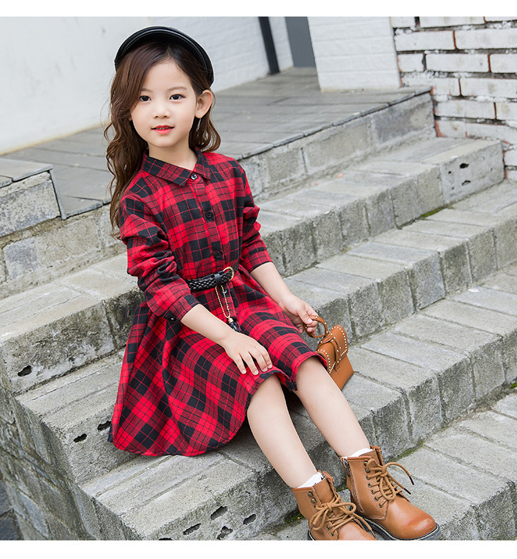 Plaid Button Cotton Girls Dresses display picture 3