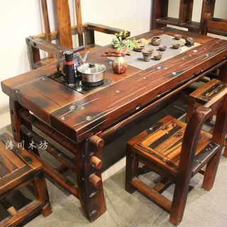 客厅船木茶台阳台实木茶几 茶室店铺老船木茶桌椅子组合加工定制