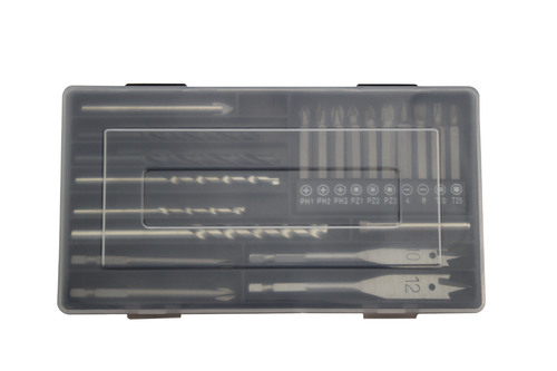 Drill bits for power tools, screwdriver bits, tile drills, woodworking drilling combination tool box