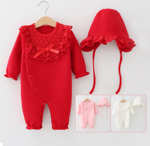 嬰兒服裝女孩連體衣滿月服新年紅色空氣棉爬服加厚新生兒衣服秋冬