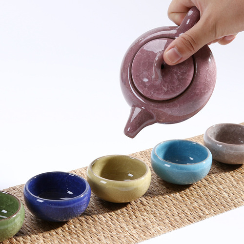 Colorful ice crack glaze complete set of cracked tea set fixed color gift Kung Fu tea set set ceramic sales small gifts