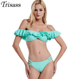 Trisass 欧美外贸比基尼泳衣 女泳装带袖抹胸性感bikini 速卖通款