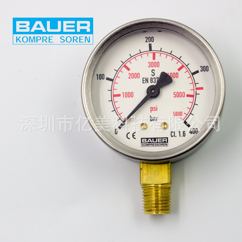 德华BAUER压力表N4101 压缩机充气压力表 0~400bar