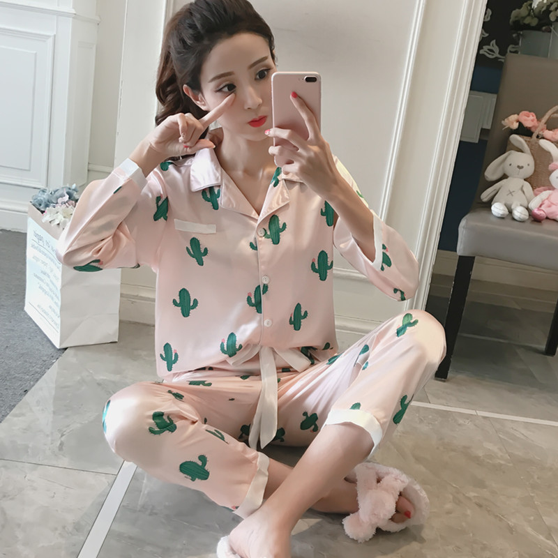 春秋季薄款明星同款女士印花開衫翻領優質仿真絲家居服批發代發