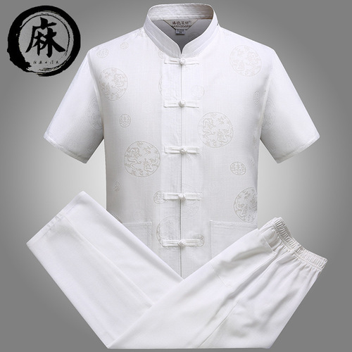 Chinese Tang style short sleeve suit for men antique Linen Shirt disc button cotton hemp Tang clothing 