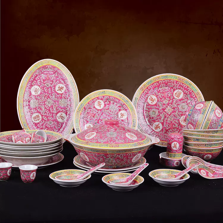 正品景德镇文革瓷/手工粉彩黄地万寿无疆54头中餐具 具有收藏价值