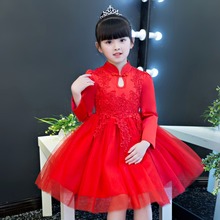 儿童连衣裙加绒加厚中国风旗袍过年喜庆礼服舞台表演服公主裙红色