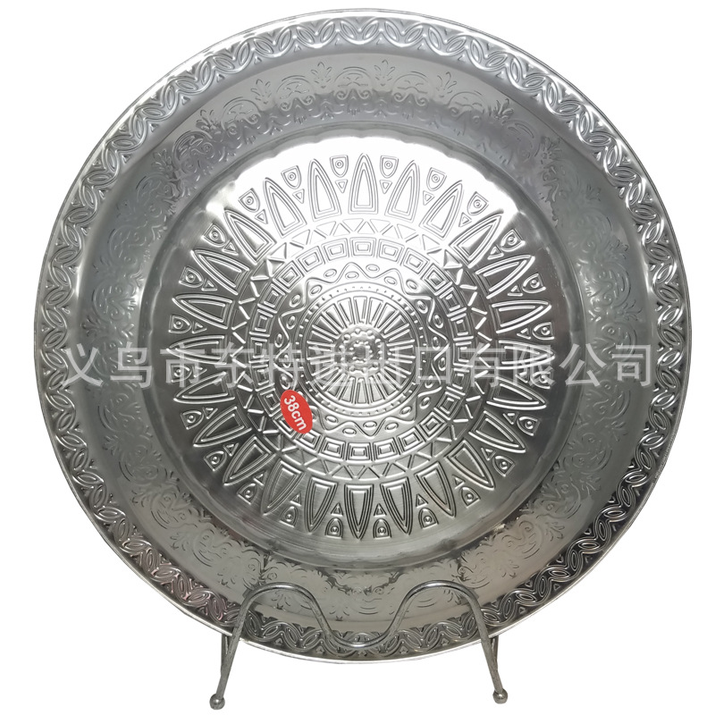 厂家直销不锈钢盘子镀金压花托盘西餐经典花盘圆形蔬菜水果盘详情图9
