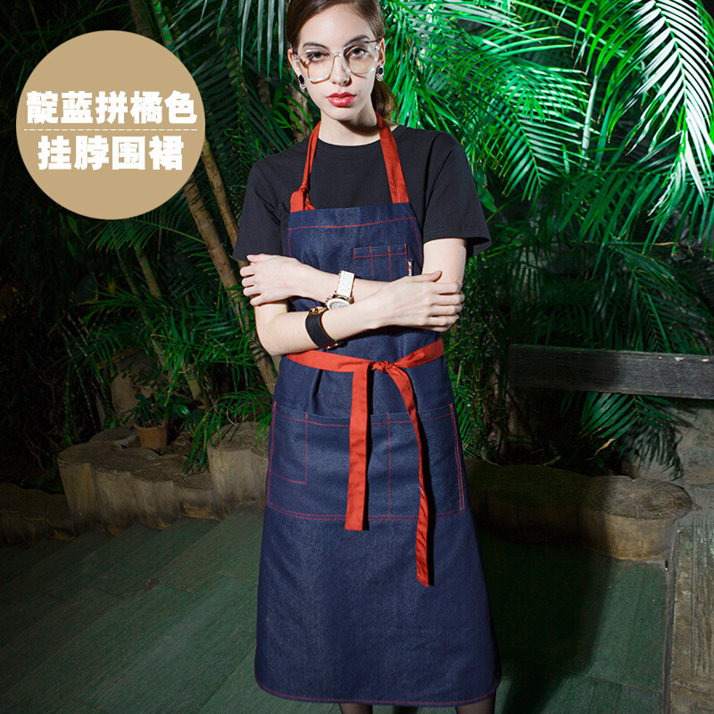 Estilo coreano de mezclilla delantal de trabajo de media longitud Cafetería Restaurante occidental pintura hombre y mujer camarero ropa de trabajo delantal de moda