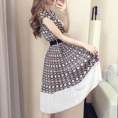 裙子女夏季新款韩版显瘦V领中长款印花百褶雪纺连衣裙大摆裙17329