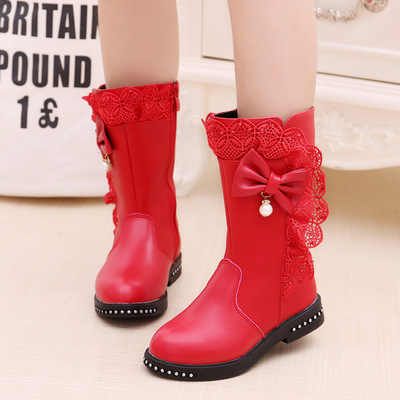女童高筒靴2019冬季新款韓版蝴蝶結兒童長筒靴子加絨加厚學生棉鞋