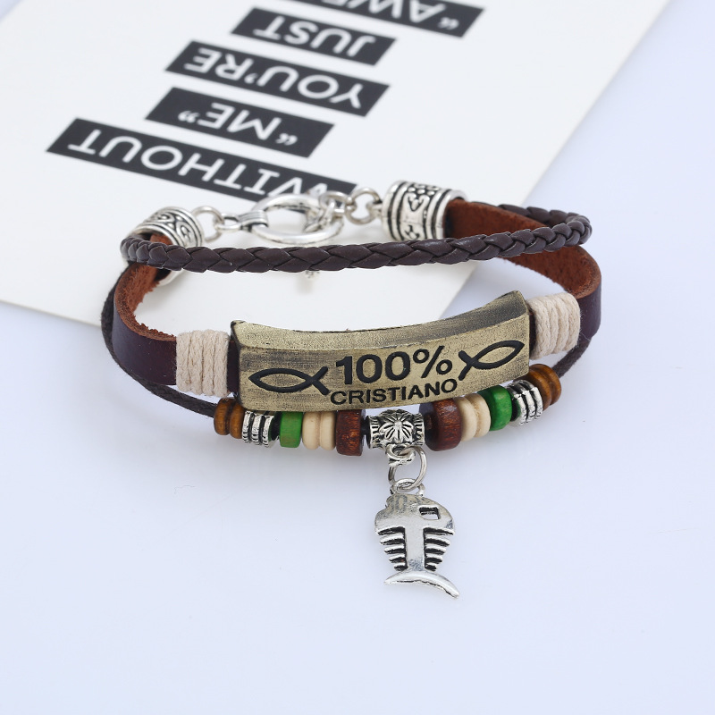 Punk Handmade Beaded Leather Bracelet Bronze Alloy Fishbone Leather Bracelet display picture 5