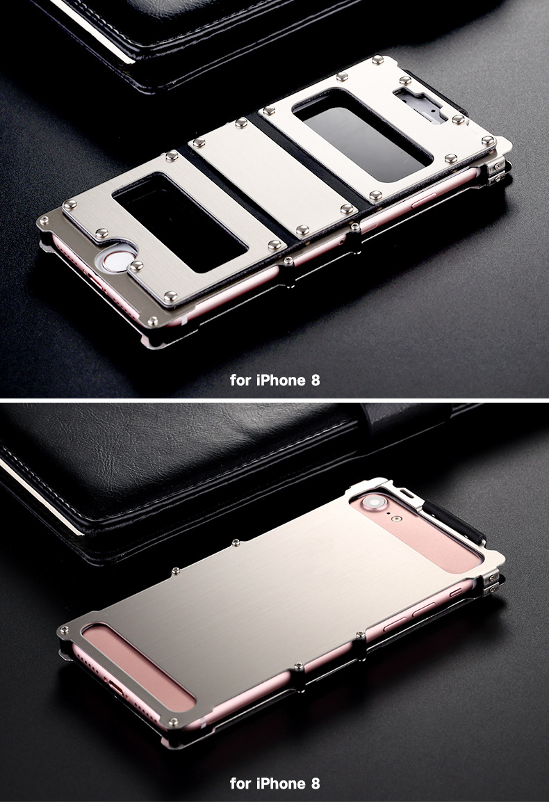 Armor King Iron Man Stainless Steel Dual Window Rivet Leather 360° Flip Case Cover for Apple iPhone 8 Plus & iPhone 8