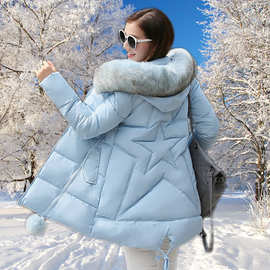 2021供货冬季棉衣女中长款大码连帽毛领韩版修身显瘦加厚保暖外套