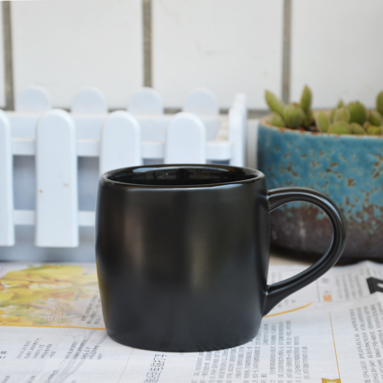 欧式咖啡厅磨砂马克杯带勺 黑色咖啡杯配底座创意简约陶瓷水杯子