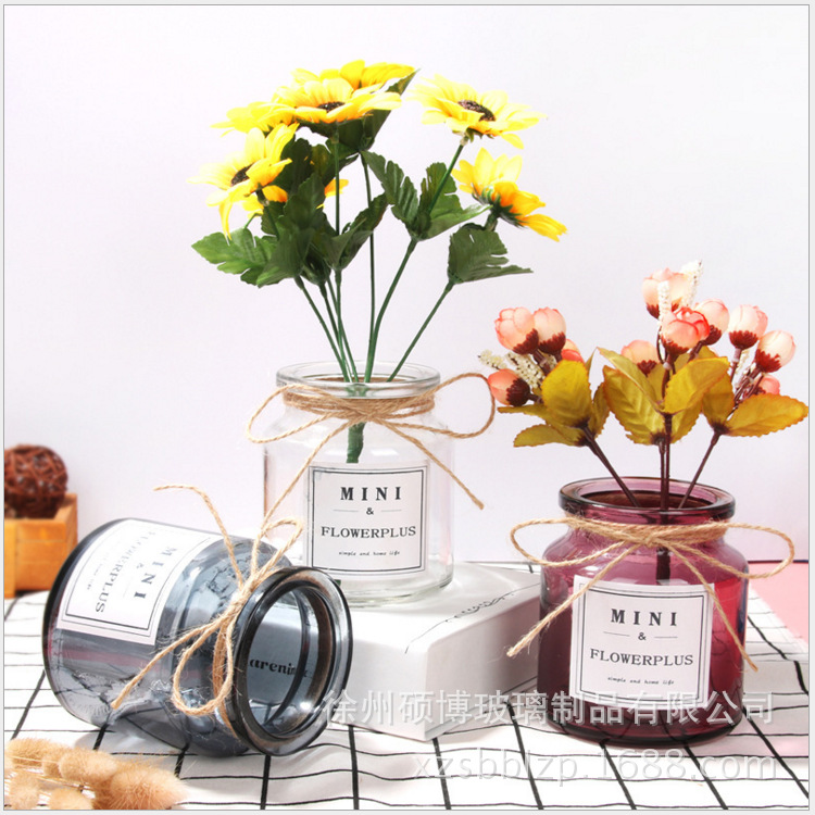 批发mini花瓶透明ins北欧风英文贴纸玻璃小花瓶迷你彩色水培鲜花