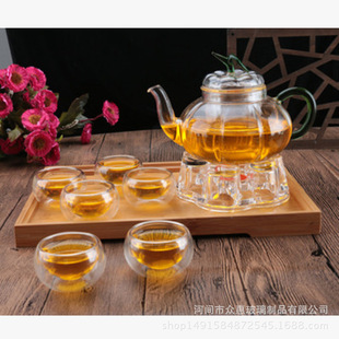 Factory wholesale heat-resistant glass tea set green leaf pumpkin pot thickened glass flower teapot teapot