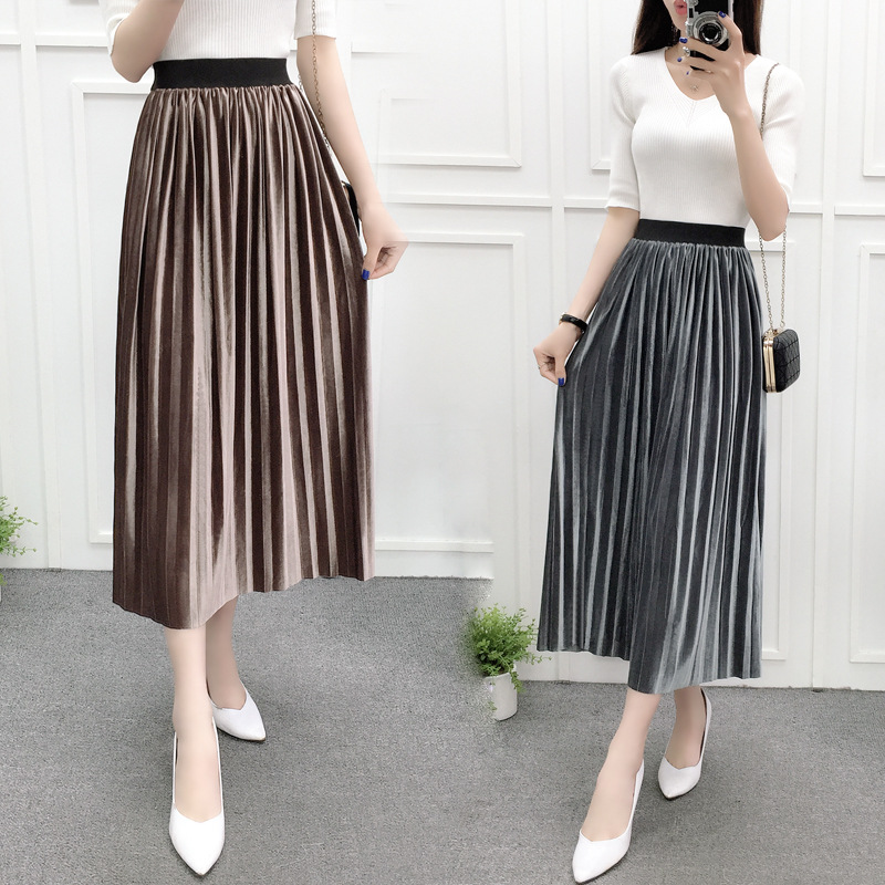 实拍新款复古丝绒压皱百褶裙中长款百搭半身松紧高腰A字长裙|ru