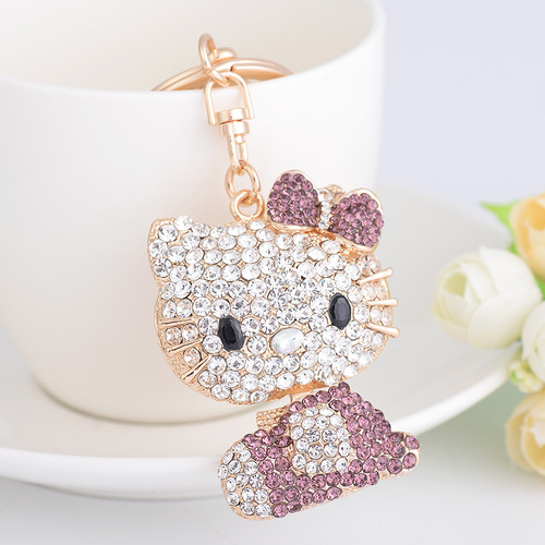 Korean style diamond-encrusted alloy cute kitten keychain bag pendant car exquisite creative pendant one piece wholesale