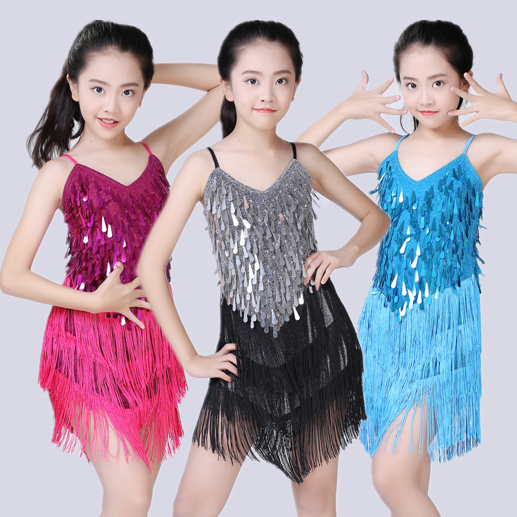 thumbnail image 2 of Falda con borlas de baile latino para niños, ropa de competición, ropa de actuación escénica, vestido con lentejuelas y tirantes para niñas, ropa de actuación para festivales, 2 of 3