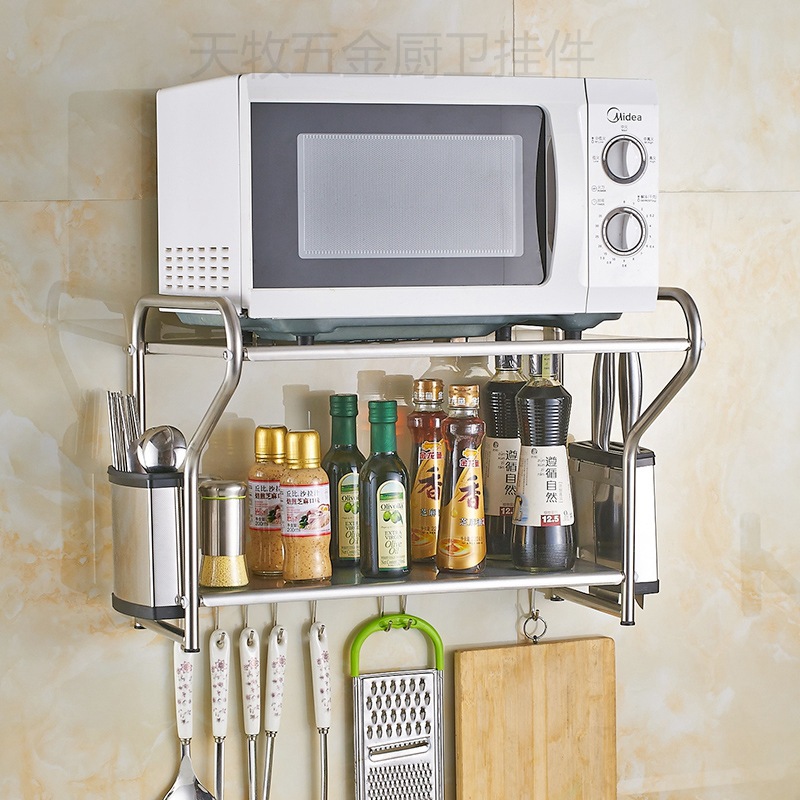 304不锈钢微波炉架壁挂 带钩厨房置物架 双层烤箱支架托架|ru