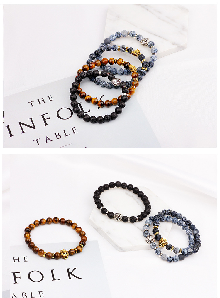 Beaded Chain Chain Type 1 Piece Quantity Date, Tea Party Occasion Fashion Lion Natural Stone Tiger Eye Beaded Men's Bracelets Men Beaded Bracelets