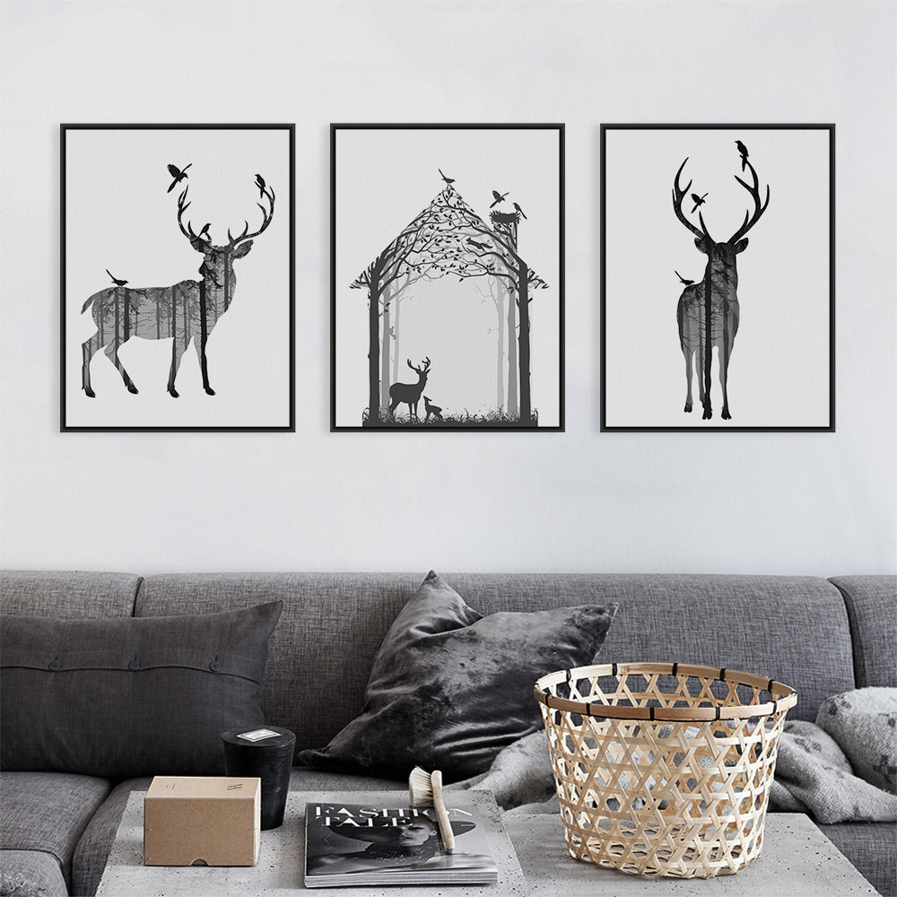 新款定制北欧简约森林麋鹿海报画芯 现代黑白剪影动物装饰挂画