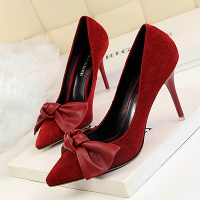 6128-1 han edition delicate show thin shoes high-heeled shoes high heel with suede shallow mouth pointed bow single shoe