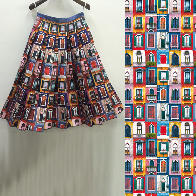 17欧美大牌花型百褶半裙挺括缎面房子图案数码印花女装面料