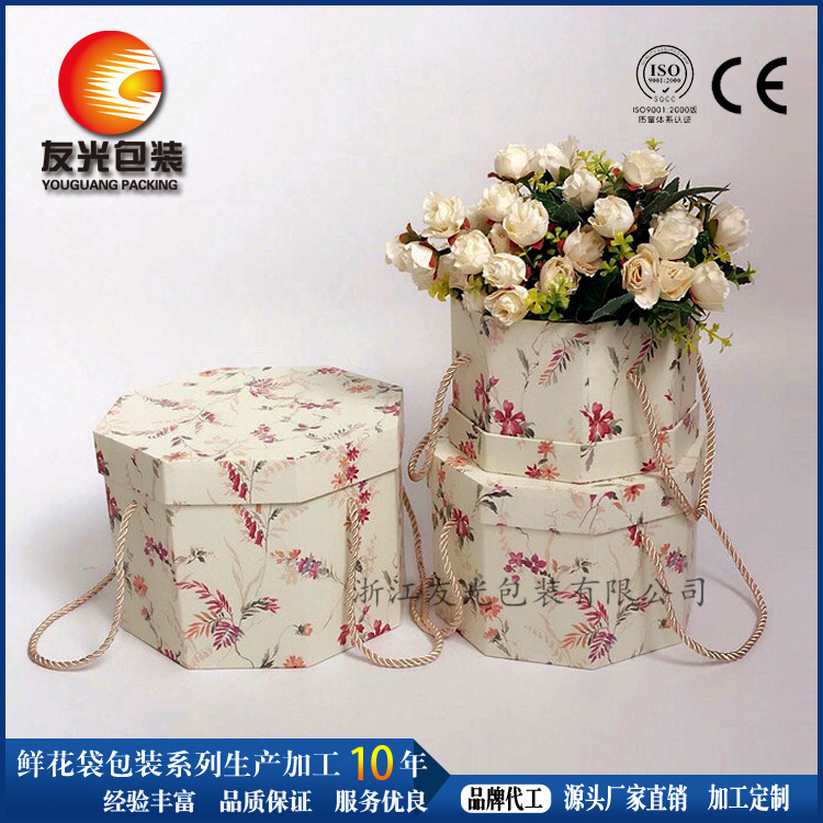 工厂提供油画质感印花 大抱抱桶鲜花盒三件套 手提圆柱花盒花桶