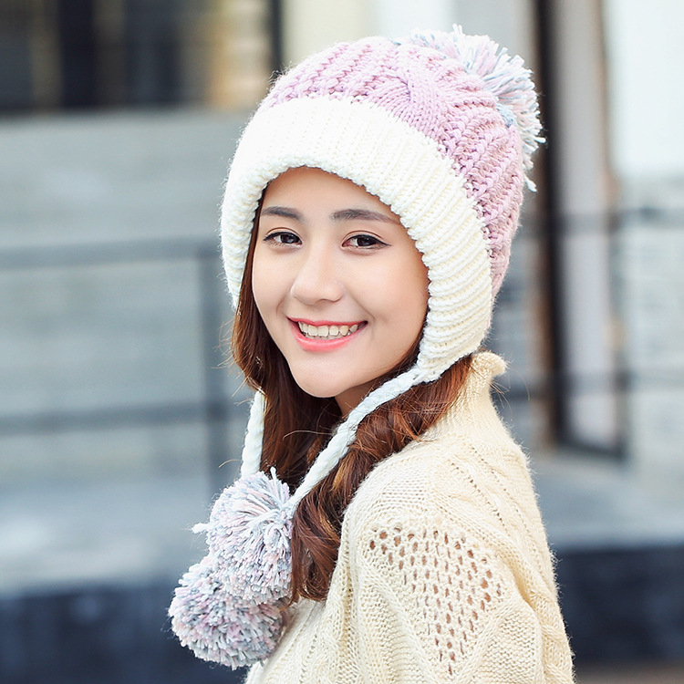 Hàn Quốc phiên bản của màu nhung hỗn hợp hoang dã len len phụ nữ mùa đông ấm ba bóng giải trí dệt kim nắp
