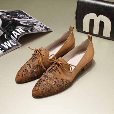 布洛克雕花女鞋英伦牛津单鞋尖头系带平底鞋学院风真皮复古女鞋子