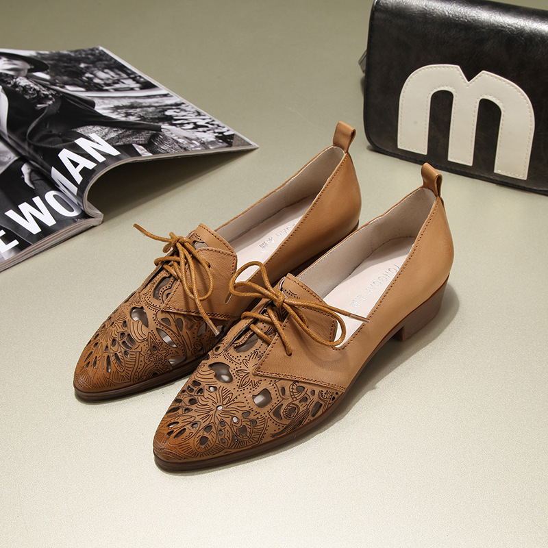 布洛克雕花女鞋英伦牛津单鞋尖头系带平底鞋学院风真皮复古女鞋子
