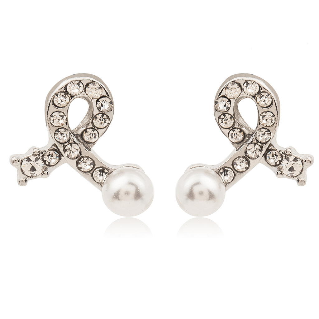 Fashion Bow Earrings Silver Plated Inlaid Pearl Crystal Earrings Simple Love Earrings Wholesale display picture 2