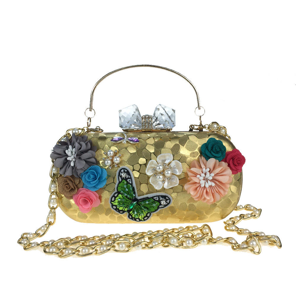 Túi clutch nữ dạ tiệc hoa satin thêu hạt bướm ngọc trai, tay cầm kim loại và dây đeo ngọc trai — Màu đỏ, Màu vàng, Màu bạc