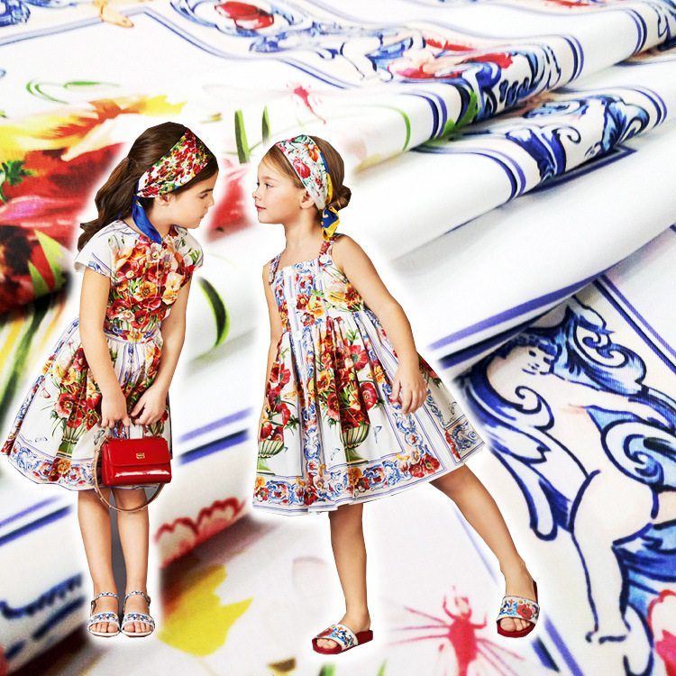 D家面料 18新款 复古绿色花瓶亲子装数码印花服装仿棉布料