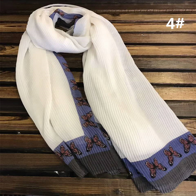 新款速卖通森女系压皱棉麻缎面围巾纯色印花蝴蝶围巾可包头穆斯林|ru