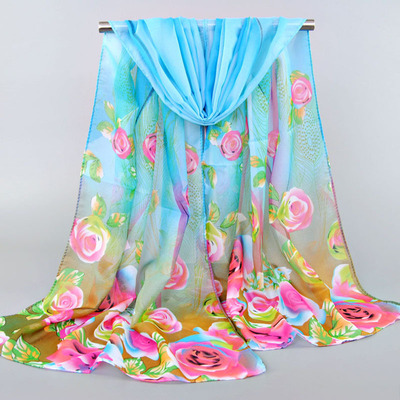 外貿雪紡絲巾玫瑰花羽毛女披肩圍脖長巾 春秋女防曬絲巾 XQ270