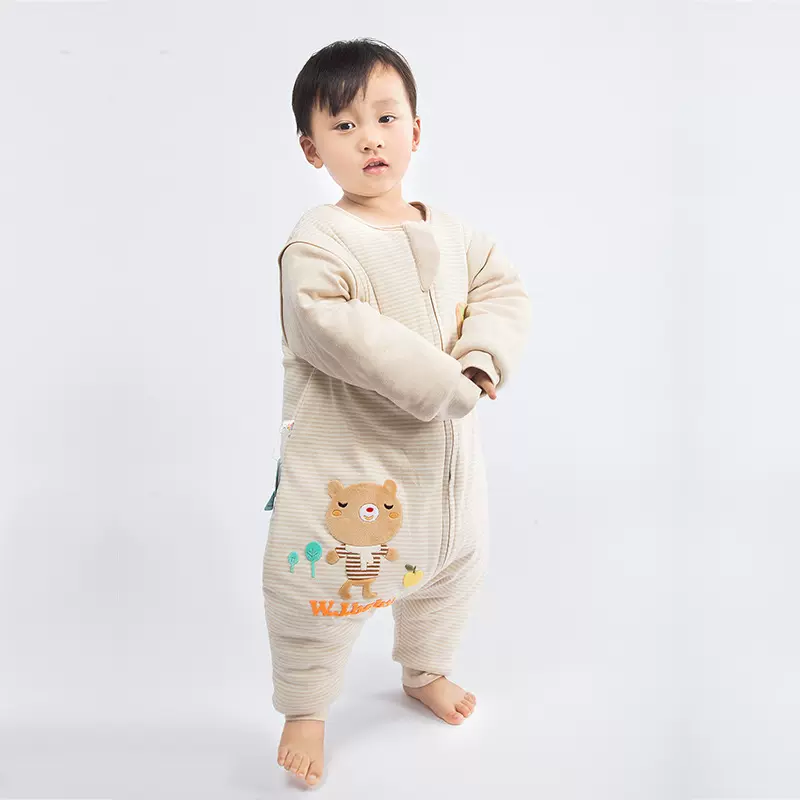 娃俊秋冬款加厚宝宝分腿彩棉睡袋 可拆卸可机洗 防踢被拉链连体衣