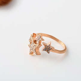 新款时尚韩版女士戒指五角星镶钻玫瑰金戒指 厂家直销