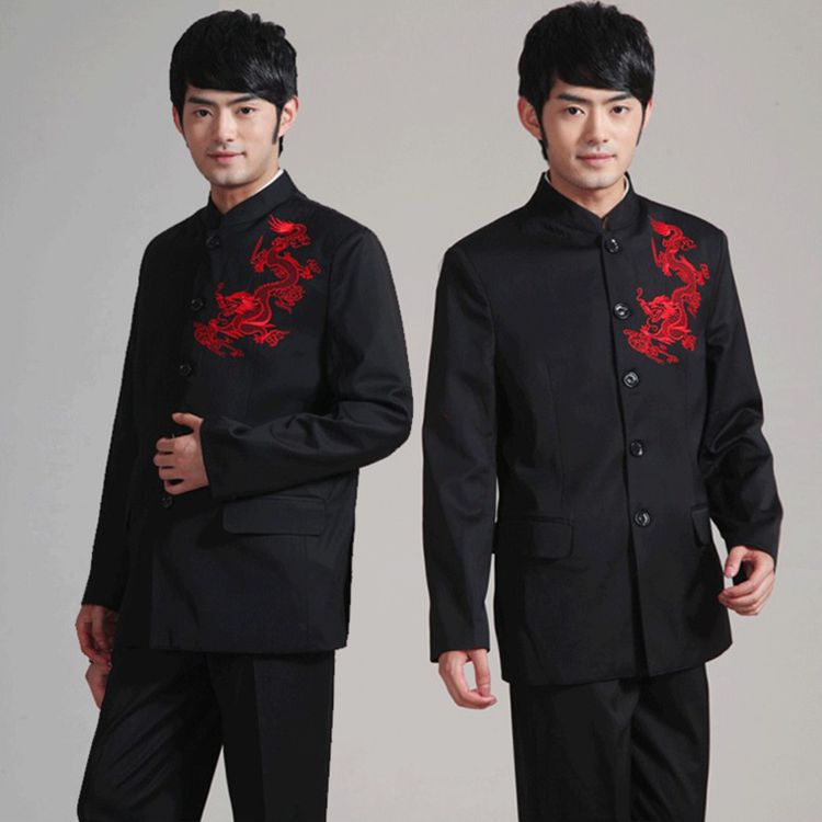 上海厂家直销 黑色棉绣龙男式立领直襟长袖中式唐装上衣