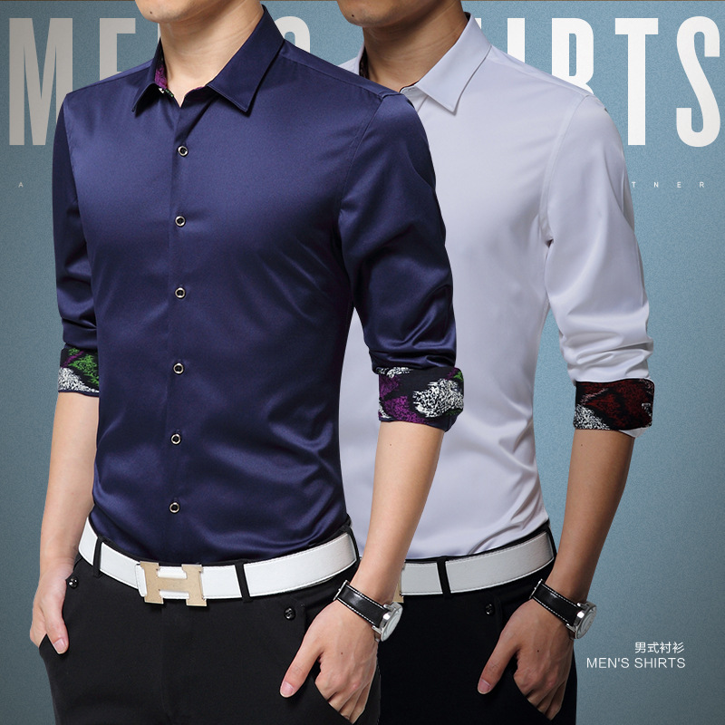 幸运梅春秋季冰丝光棉男士长袖衬衫修身男装免烫纯色商务衬衣薄款|ms