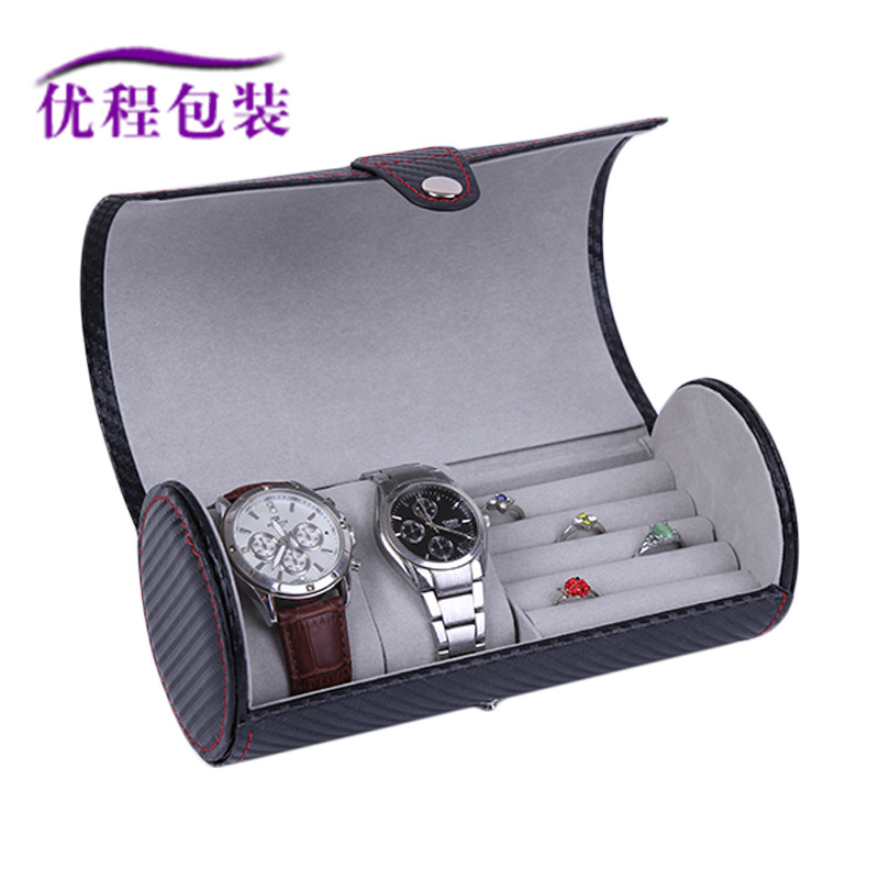 现货新款3位圆筒手表首饰盒便携碳纤维pu皮表盒2位手表饰品收纳盒