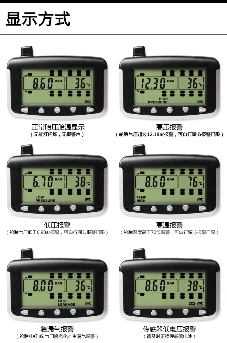 Truck, Bus, Fire Truck Tpms Tire Pressure Monitor 6-Wheel Internal and External Digital Display Universal Tire Pressure Sensor