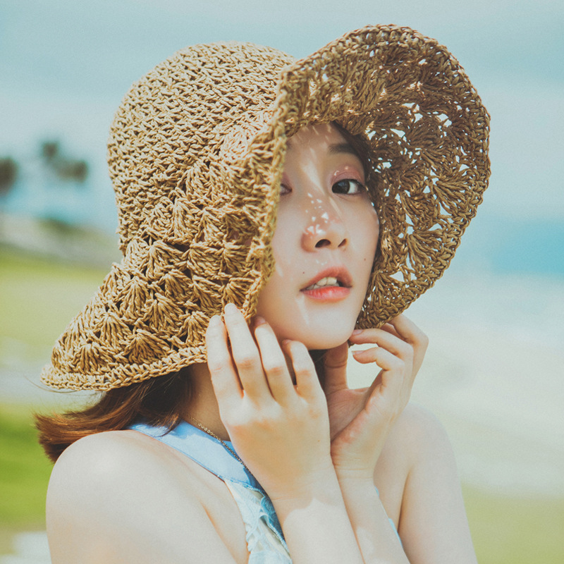 韩国帽子2017夏季新款手工扇形镂空大沿帽女士潮帽户外沙滩帽遮阳