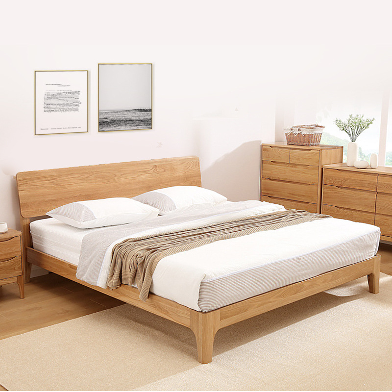 Nordic solid wood double bed oak environmental protection simple small apartment bedroom single bed homestay homestay log belt charging socket